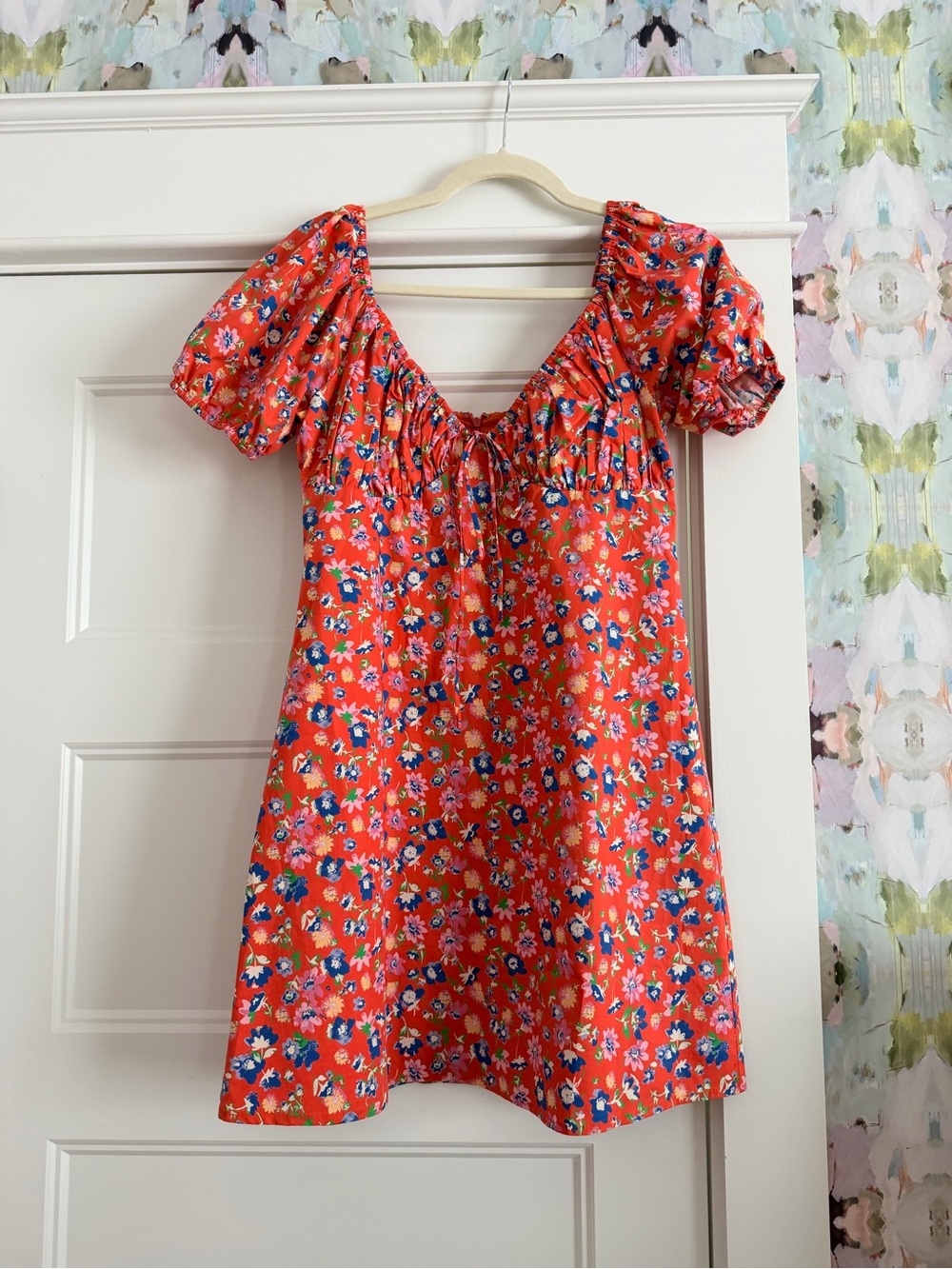 Wayf Bright Red Floral Puff-Sleeve Girls Dress